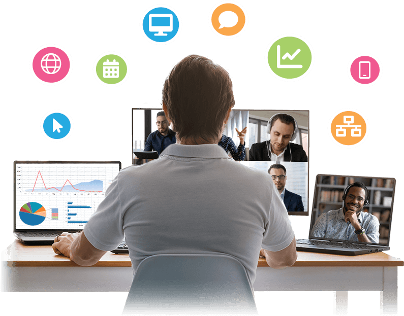 Man on cloud audio and video conferencing call using multiple screens with icons representing video communication and collaboration