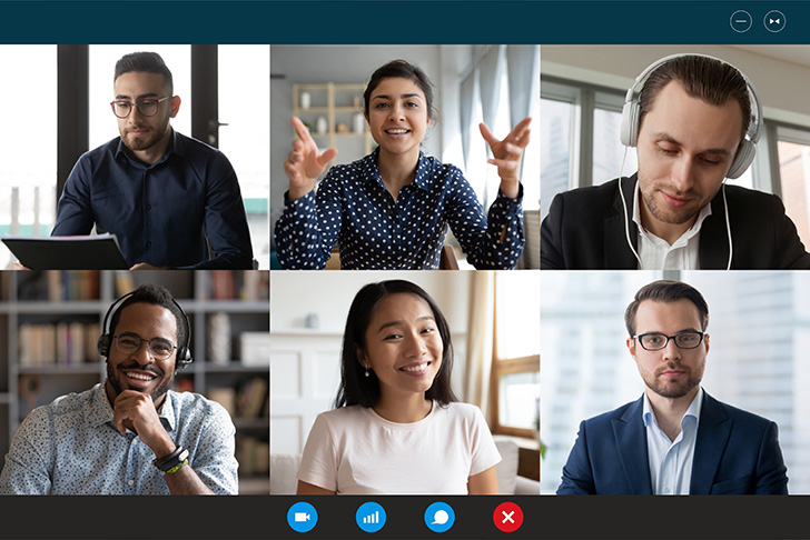 six coworkers talking on a work-related video conference call